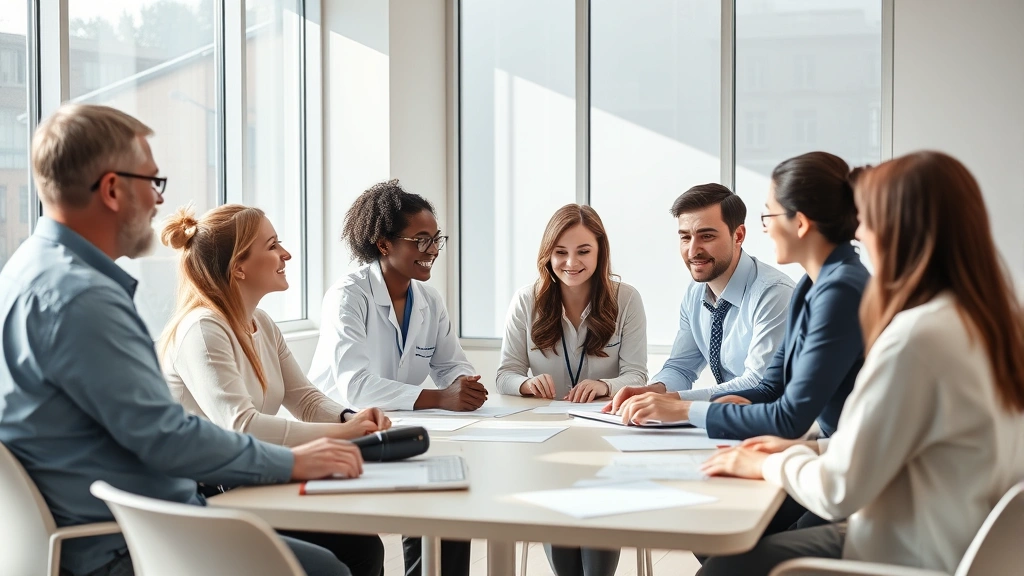 Diverse group of mental health professionals in a modern clinic discussing treatment plans around a table, natural lighting through large windows, warm collaborative atmosphere