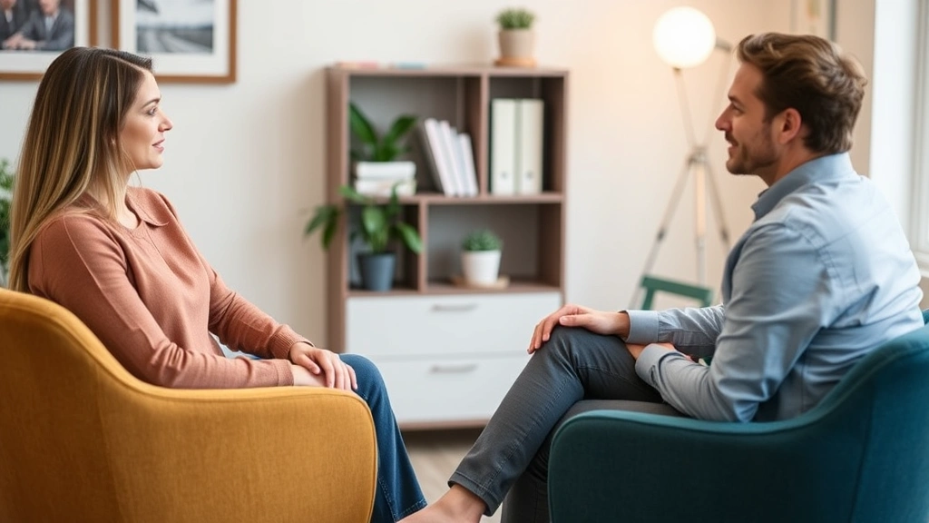 Person in individual therapy session with licensed counselor in comfortable office setting, sitting in chairs facing each other, peaceful and professional environment