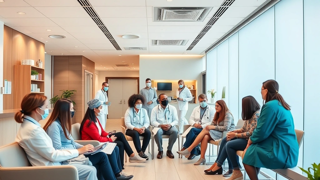 Modern medical clinic interior with diverse healthcare providers and patients in waiting area, warm lighting, contemporary design, welcoming atmosphere