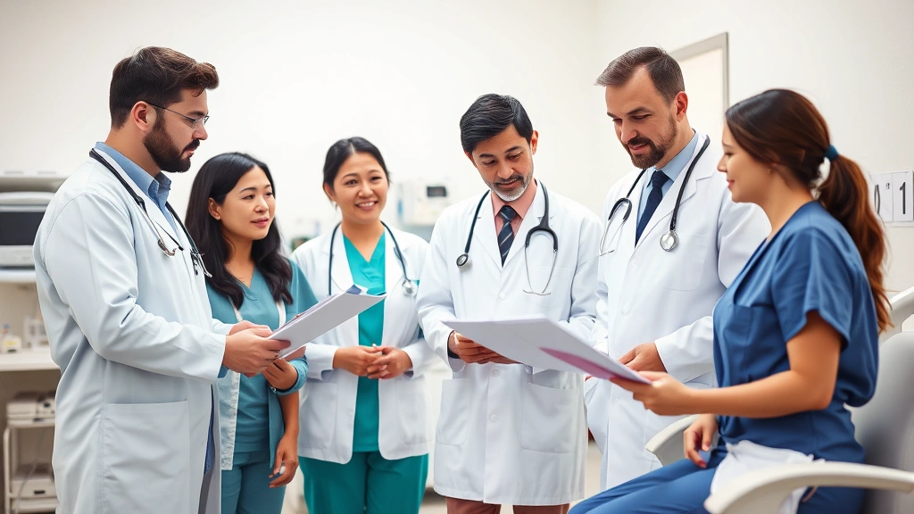 Healthcare team of doctors and nurses in scrubs collaborating during patient consultation, diverse medical professionals in clinical setting, examining patient records, warm professional environment with medical equipment visible