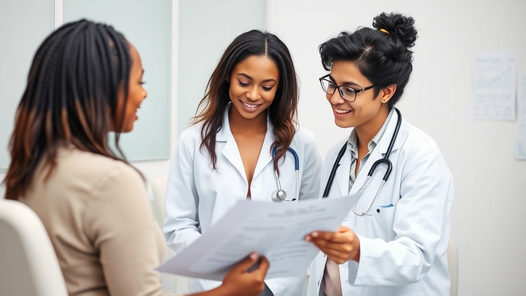 Doctor in white coat consulting with diverse patient in examination room, reviewing medical chart with compassionate expression