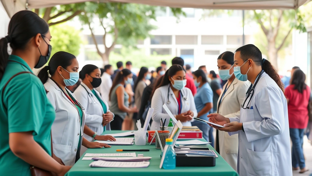 Community health fair scene with medical professionals conducting health screenings and wellness checks, diverse people receiving preventive care services, information booths, outdoor or indoor community space, positive health engagement