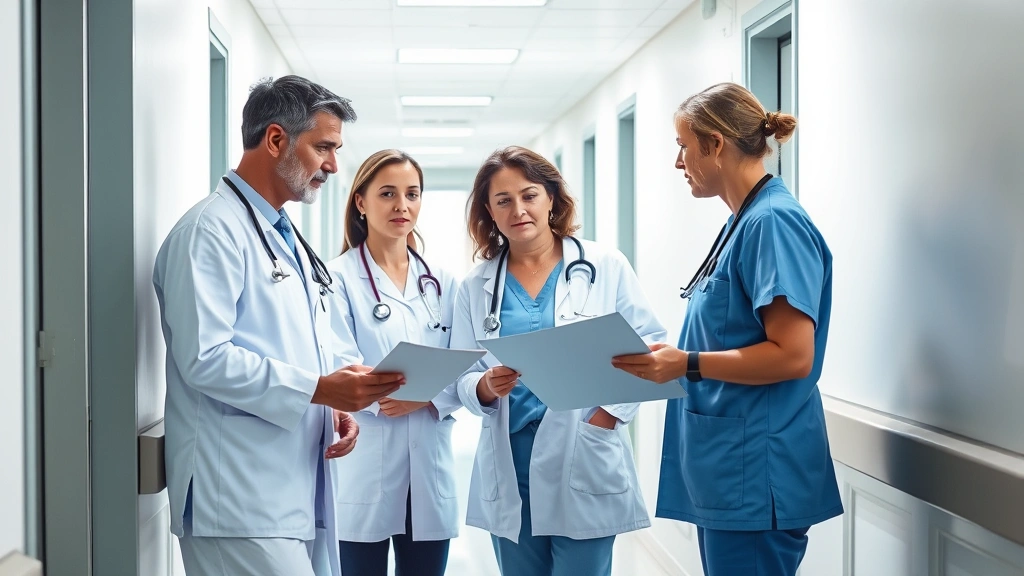 Healthcare team collaborating in bright hospital corridor, reviewing patient data and discussing treatment plans together