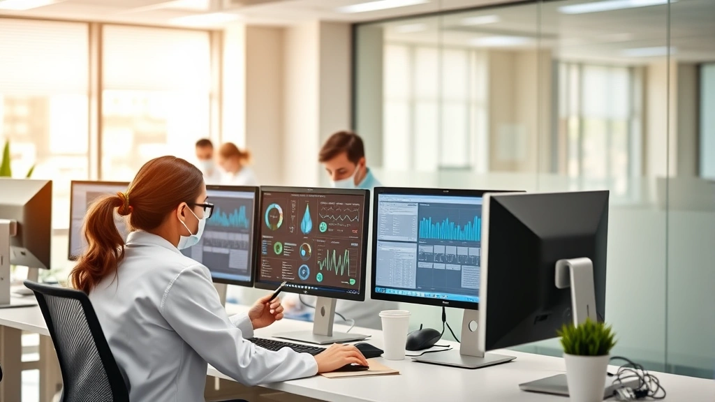 Healthcare professionals collaborating at modern workstations with multiple computer monitors displaying medical data dashboards in a bright clinical office environment