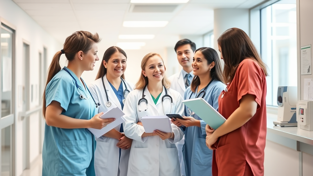 Healthcare professionals collaborating in modern hospital setting, diverse team, professional atmosphere, no text no words no letters