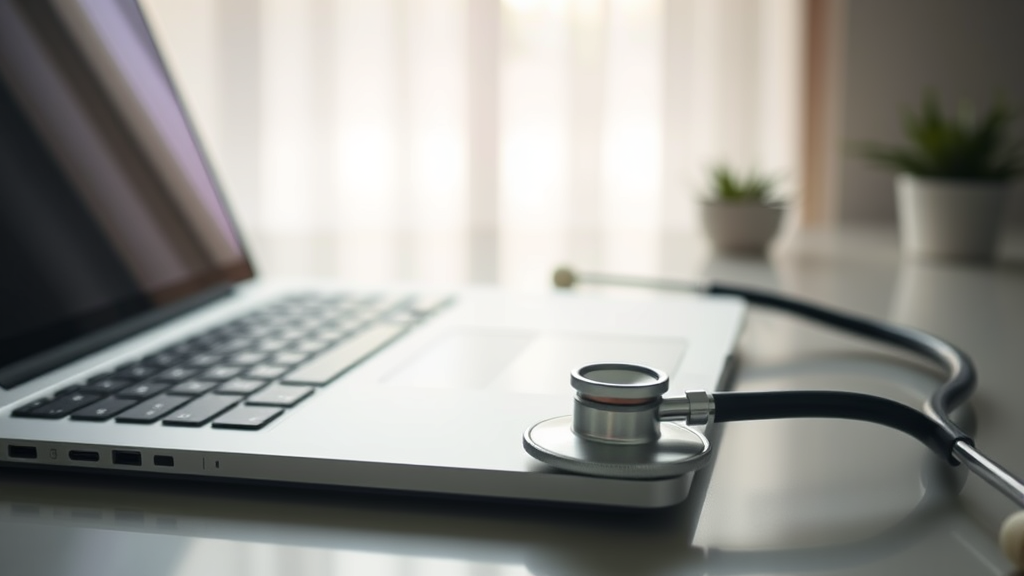 Medical stethoscope and laptop on desk with soft lighting, healthcare technology concept, clean workspace, no text no words no letters