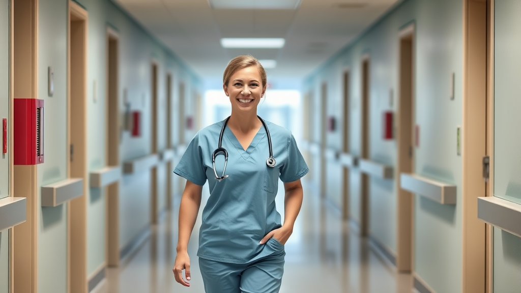 Smiling healthcare worker in scrubs walking through bright hospital corridor, positive workplace environment, no text no words no letters