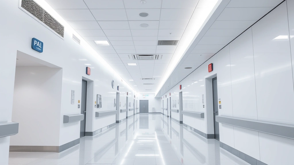 Modern hospital corridor with bright lighting, clean white walls, and contemporary medical facility architecture, empty of people, showing professional healthcare environment