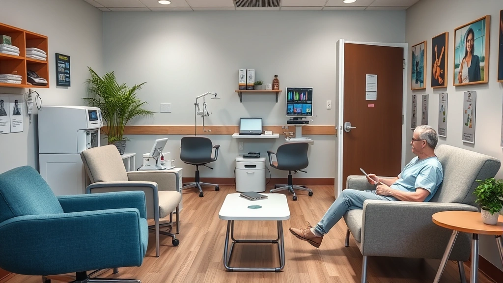 Patient consultation room with comfortable seating, medical equipment, soft lighting, and welcoming healthcare environment, no visible people or identifying information