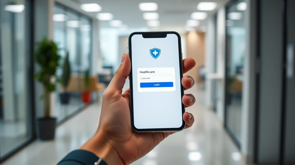 Person holding smartphone with healthcare app open, secure login screen visible on device display, modern medical office background slightly blurred