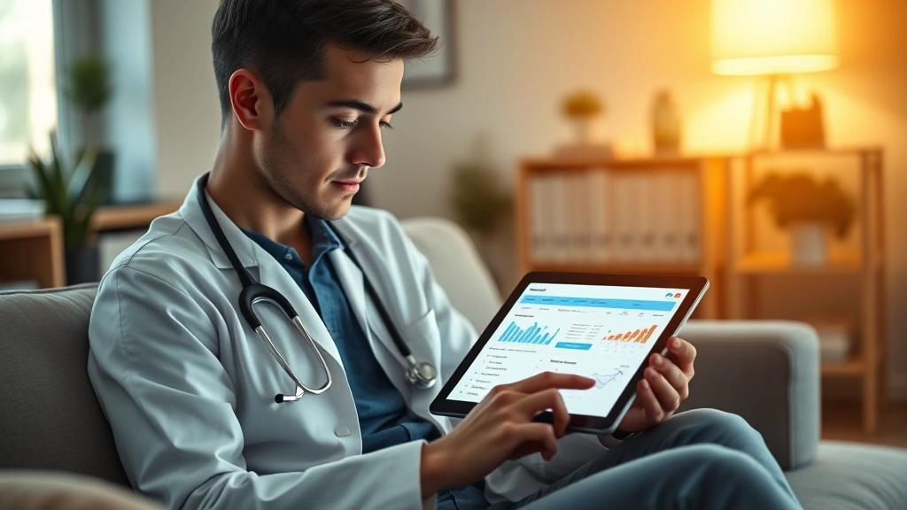 Young professional reviewing medical records on tablet device, relaxed home office setting, digital health management visual, patient dashboard interface glow