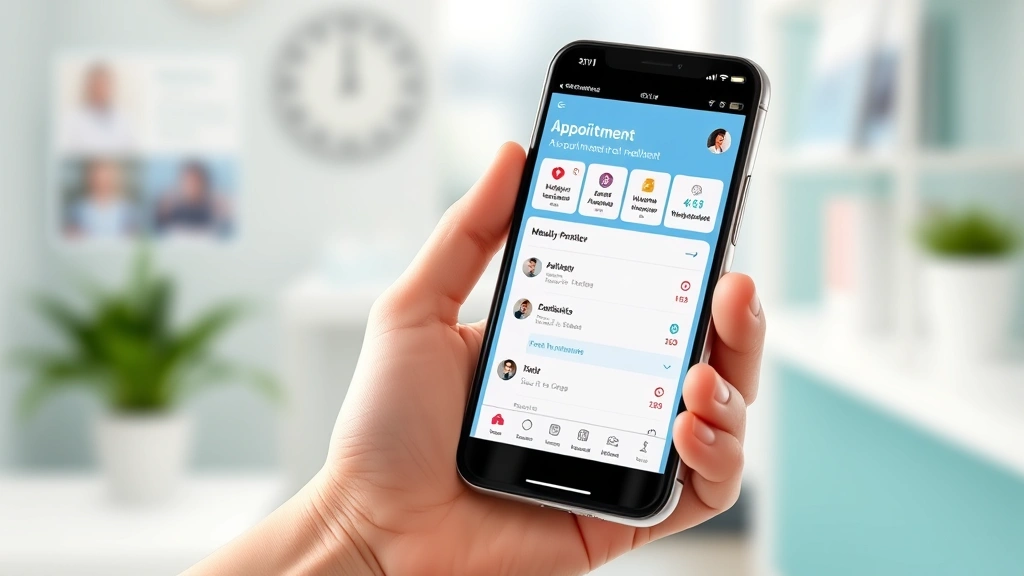 Person holding smartphone displaying healthcare dashboard with appointment calendar and medical icons, clean modern interface, soft natural lighting, healthcare environment background