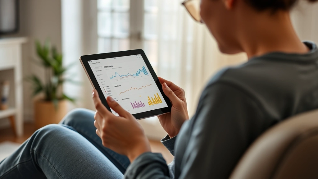 Person reviewing health metrics on tablet device showing charts and wellness data, comfortable home environment, natural daylight coming through window