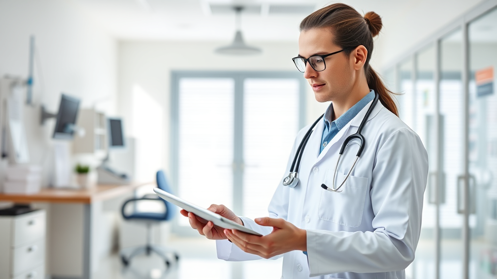 Modern healthcare professional using tablet computer in bright medical office setting, no text no words no letters