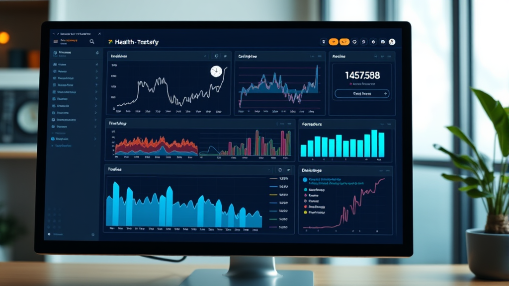 Digital health dashboard interface showing medical charts and data visualization on computer screen, no text no words no letters