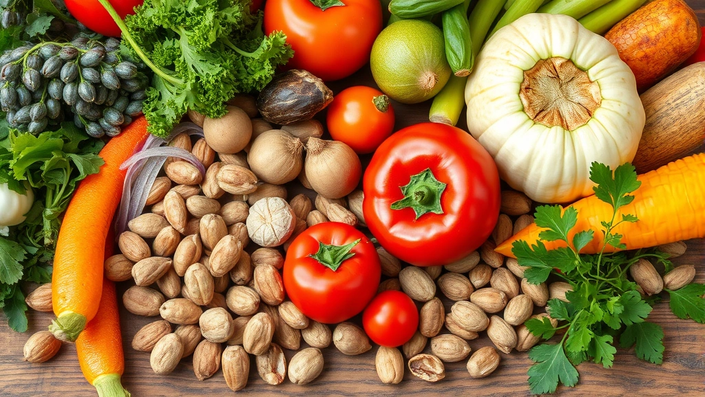 Close-up of colorful fresh vegetables, fruits, nuts, and herbs arranged on a wooden surface, vibrant and nutritious food display