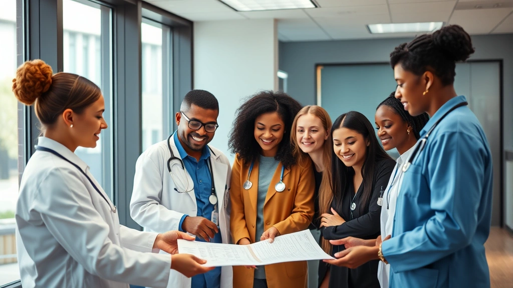 Diverse healthcare team in modern clinic setting collaborating around patient chart, professional attire, warm lighting, inclusive workplace atmosphere