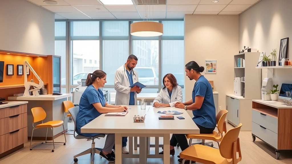 Modern primary care clinic interior with diverse medical professionals collaborating around a patient consultation table, warm lighting, contemporary furniture and medical equipment visible