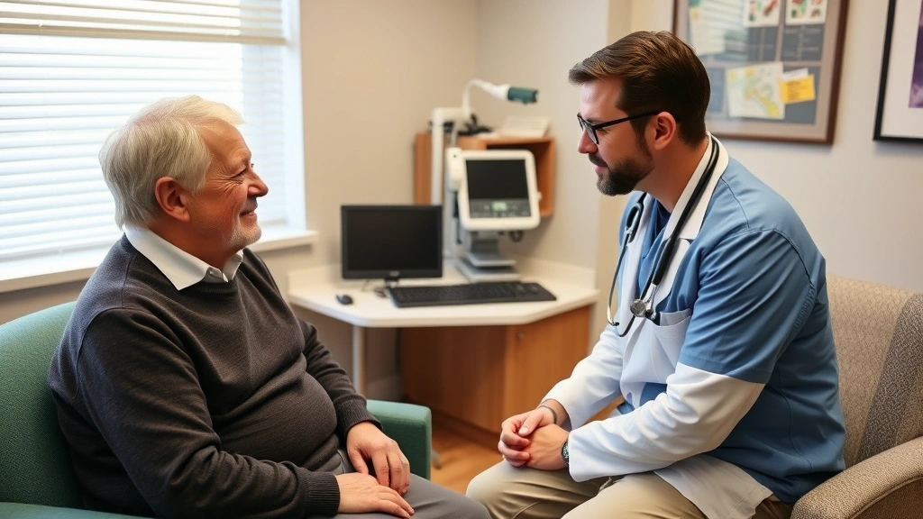 Primary care physician examining older patient in comfortable clinic exam room, stethoscope, modern medical equipment, compassionate interaction