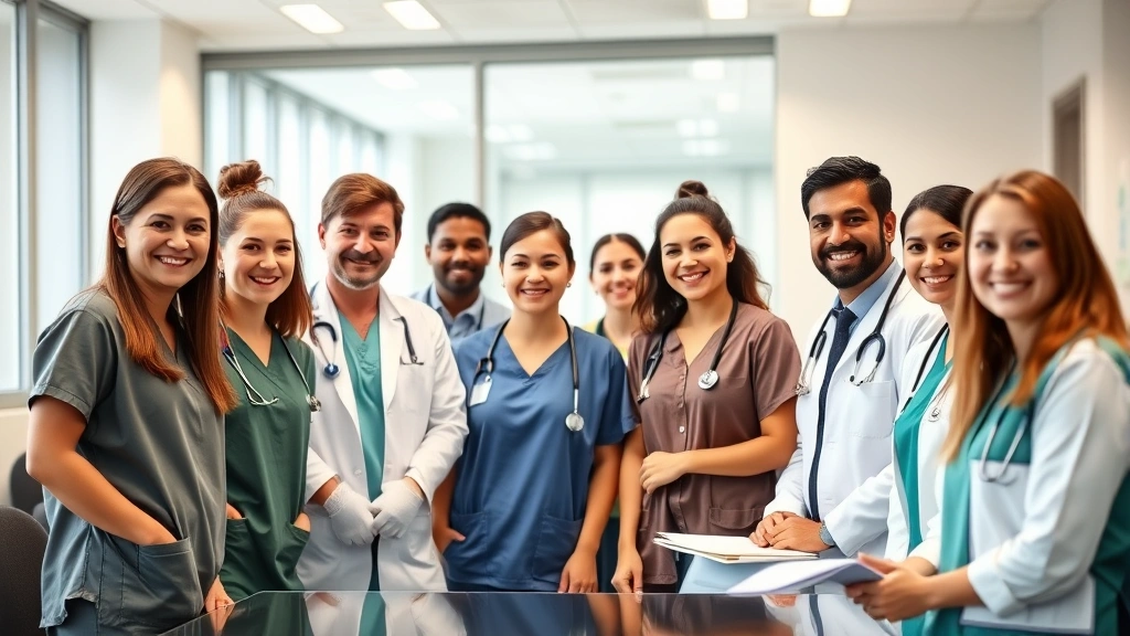Team of healthcare workers in scrubs and professional attire smiling during a center meeting, diverse group including doctors, nurses, and administrative staff in a bright conference room