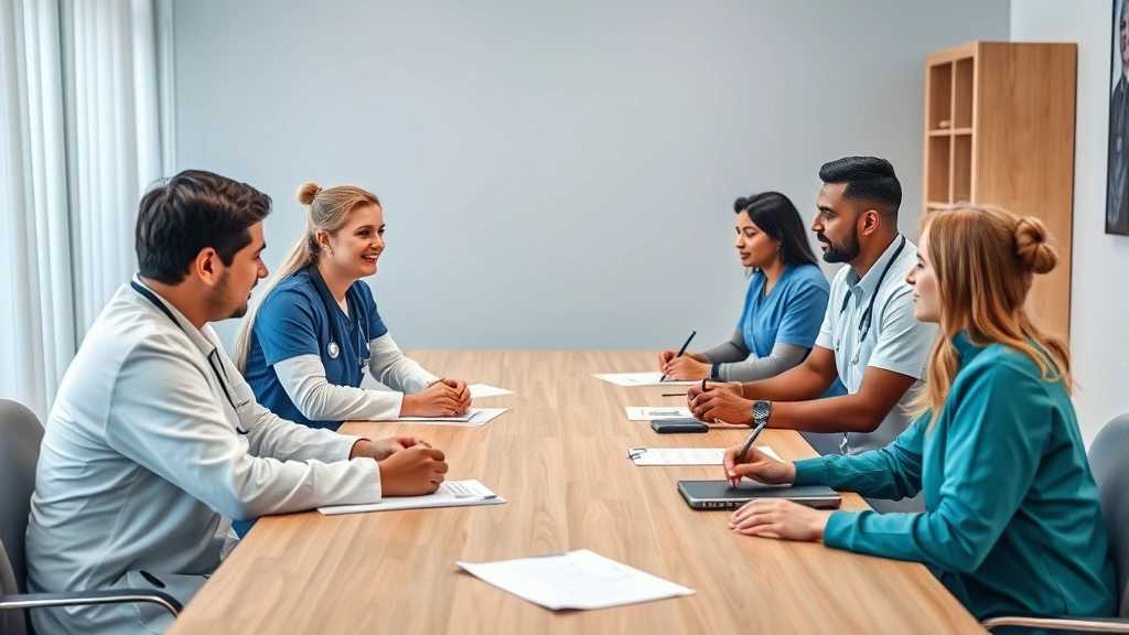 Interdisciplinary healthcare meeting with doctors, nurses, social workers discussing patient cases around conference table, collaborative teamwork