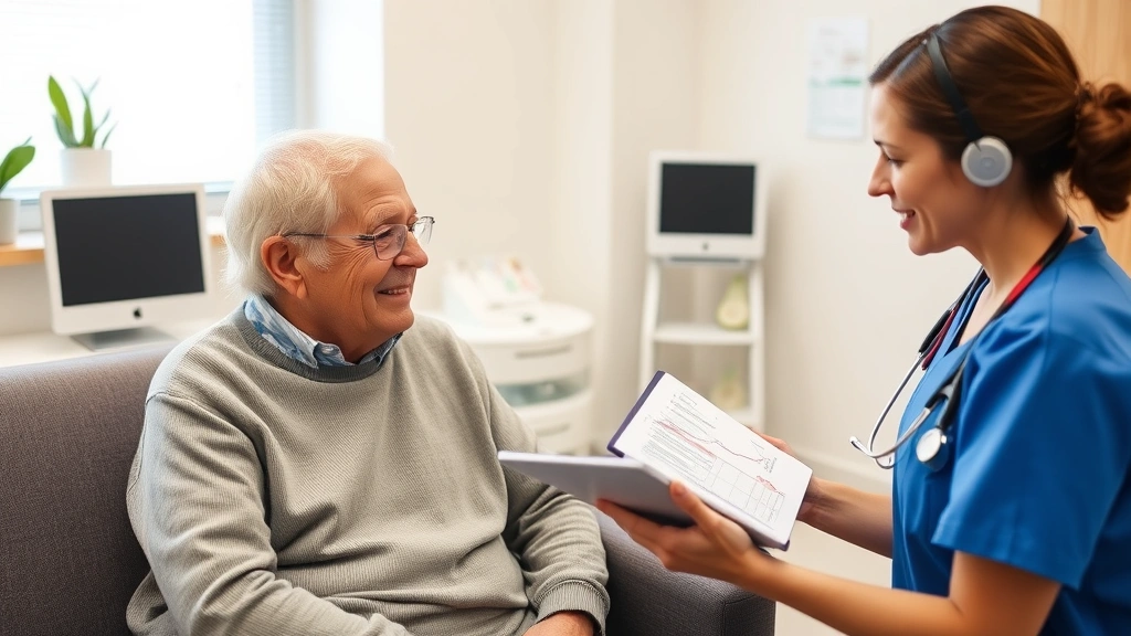Senior patient receiving attentive care from a nurse practitioner in a comfortable clinical setting, warm interaction showing patient-centered approach with medical charts and modern healthcare technology