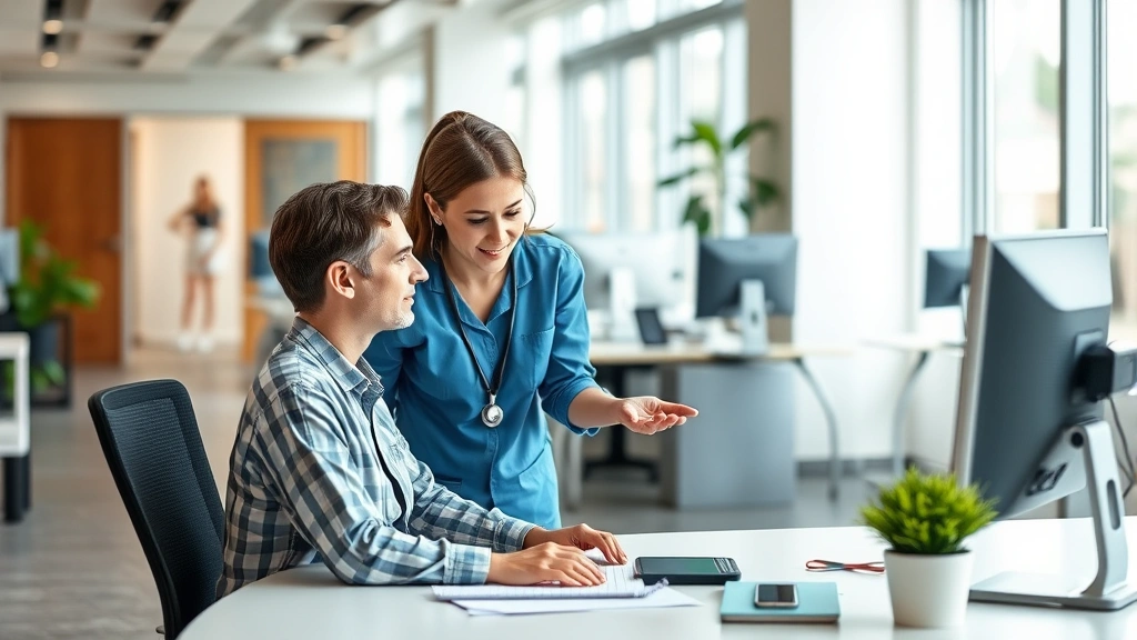 Professional occupational health nurse conducting ergonomic assessment with office worker at desk, showing proper posture and workstation setup, modern office environment with natural lighting