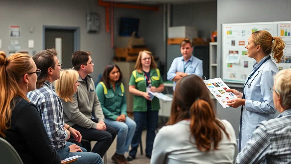 Diverse group of employees in safety meeting with occupational health nurse presenting health and safety information using visual materials, engaged participants in professional setting
