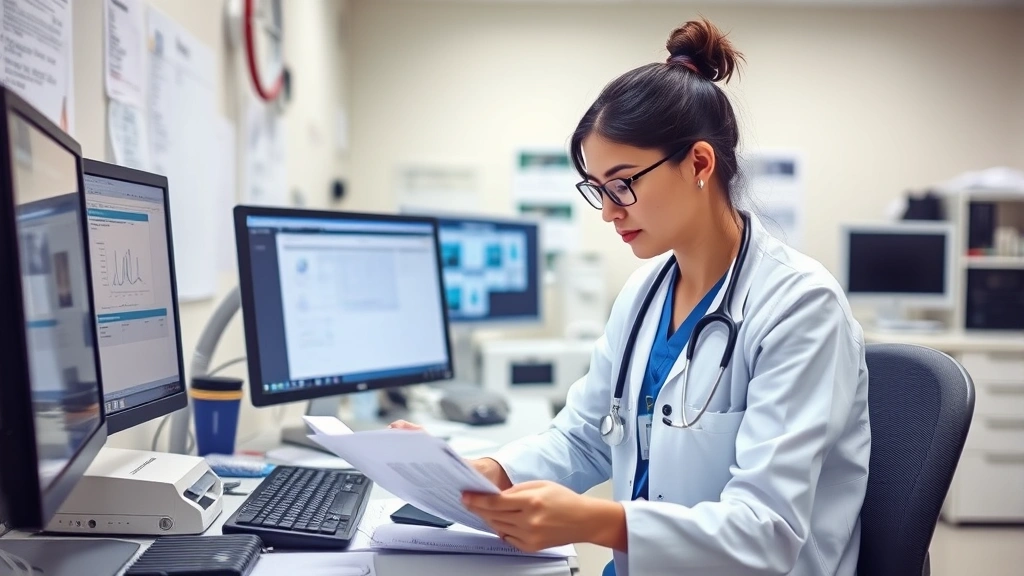 Occupational health nurse reviewing health records and assessments at organized clinic workspace with medical equipment, computer monitors, and professional healthcare environment