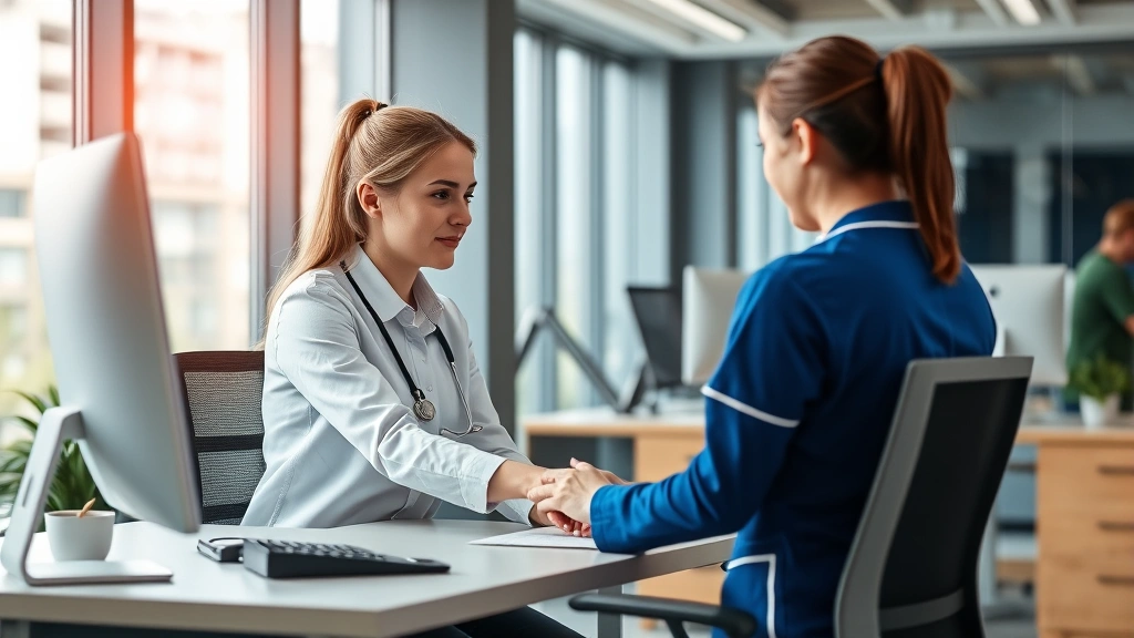 Professional occupational health nurse conducting ergonomic workstation assessment with employee in modern office environment, measuring desk height and monitor position