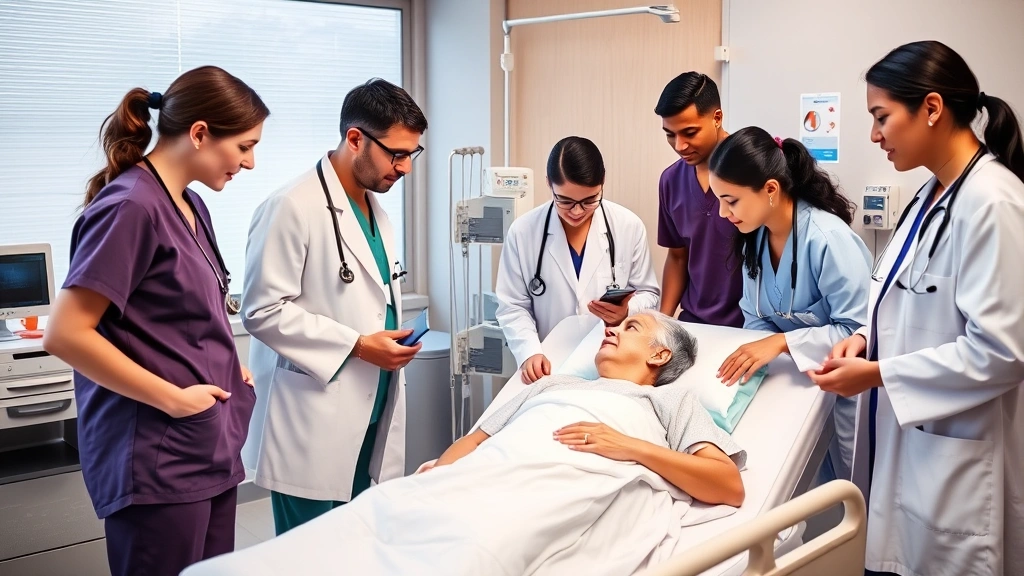 Diverse healthcare professionals in scrubs and white coats collaborating around a patient bedside, medical equipment visible, warm compassionate interaction, modern hospital room