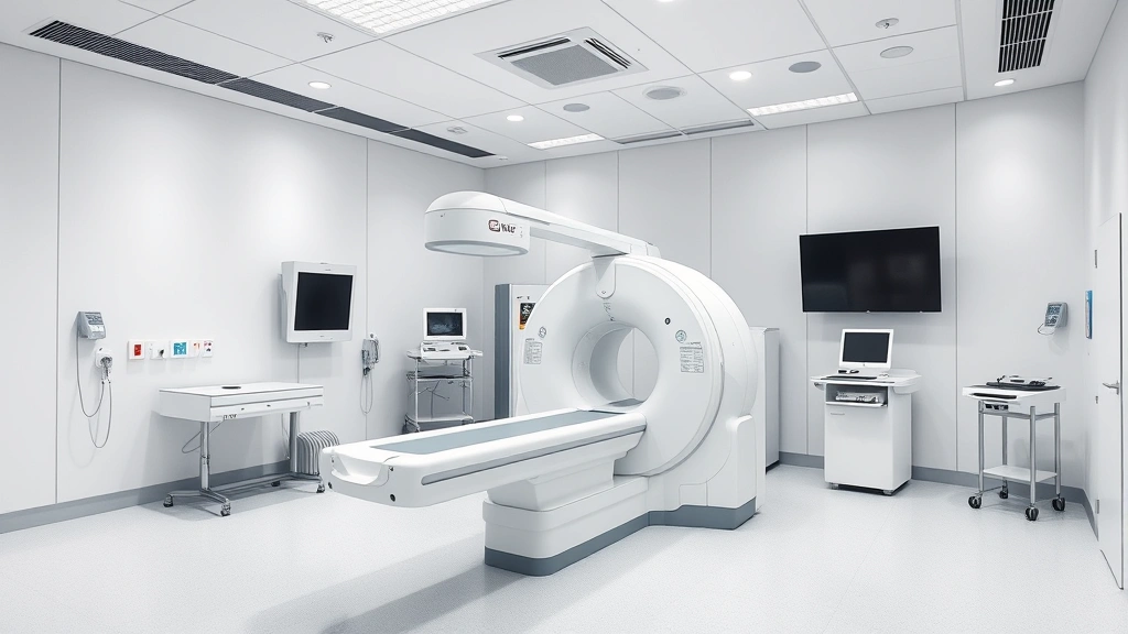 State-of-the-art diagnostic imaging room with MRI or CT scanner machine, clean medical environment, professional medical technology, hospital radiology department