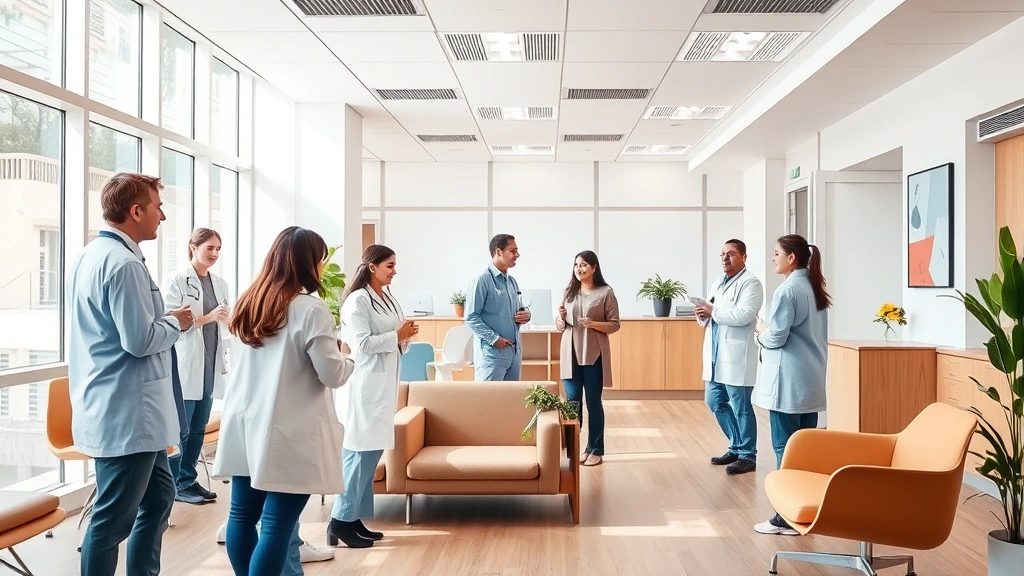 Modern medical clinic interior with diverse healthcare professionals collaborating in a bright, welcoming space with natural lighting and contemporary furnishings