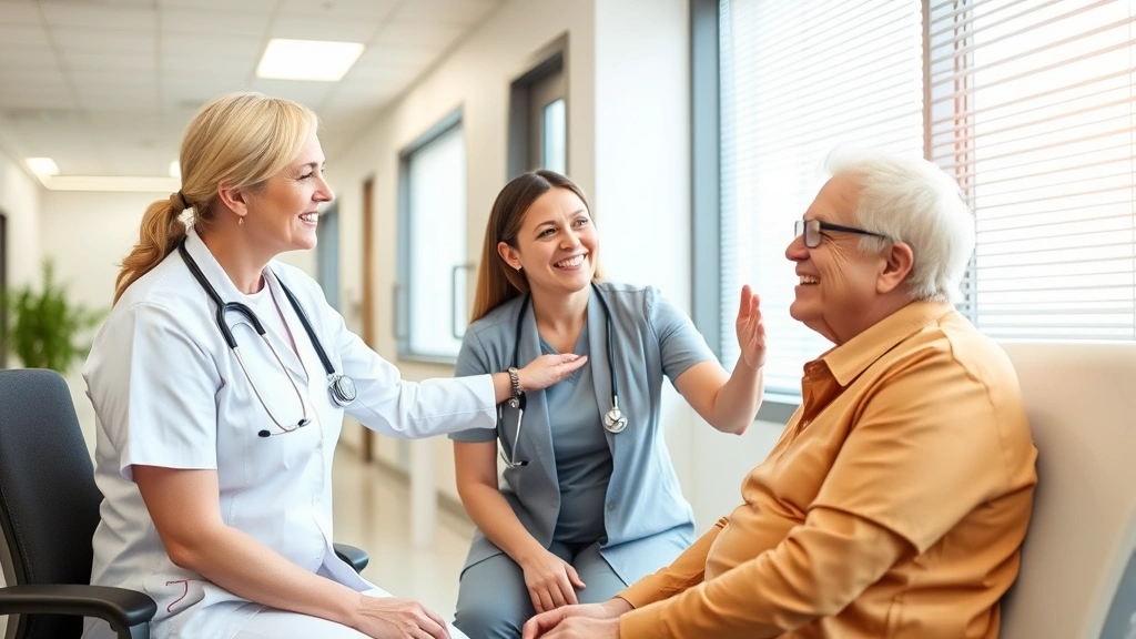 Patient receiving preventive health screening with nurse in professional medical setting, showing care and wellness focus in contemporary healthcare facility