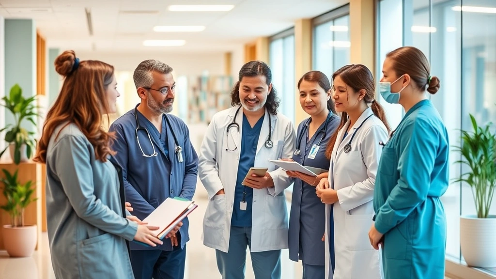 Diverse team of healthcare workers including doctors, nurses, and counselors having collaborative discussion around patient care in modern health center environment