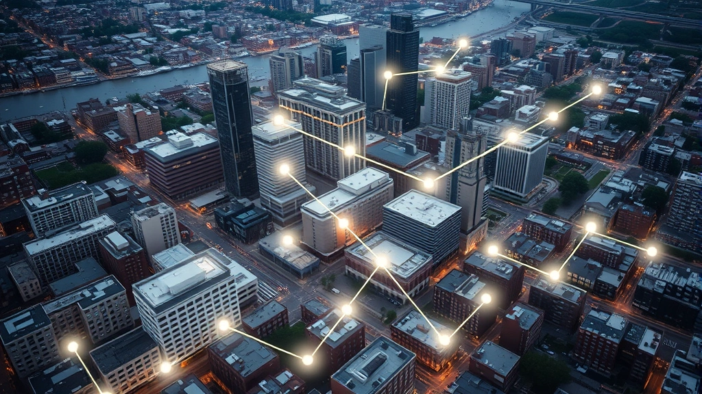 Aerial view of Brooklyn neighborhoods with multiple healthcare facility buildings highlighted, showing interconnected pathways representing integrated healthcare network across urban landscape