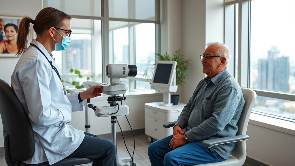 Primary care physician conducting health screening with middle-aged patient using medical equipment, seated in comfortable clinic examination room with large windows showing urban skyline