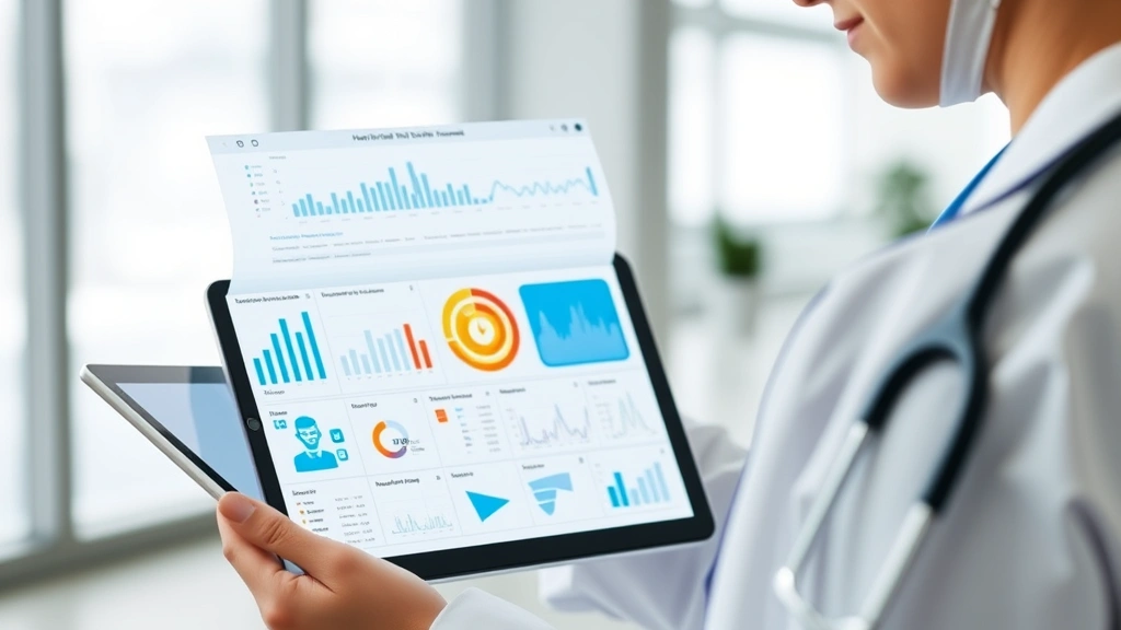 Healthcare professional reviewing digital patient health records on modern tablet displaying interconnected health data visualization and charts