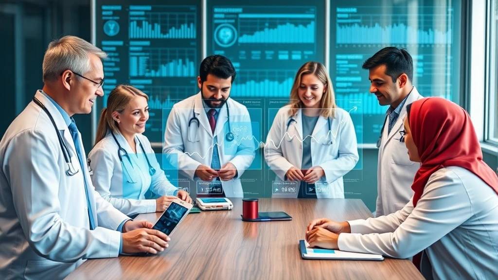 Diverse medical team collaborating around a table with holographic health data displays showing patient timelines and analytics