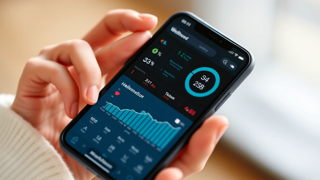 Close-up of hands holding smartphone showing personalized health dashboard with graphs, vital signs, and wellness metrics in clean interface