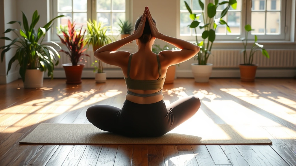 Person doing yoga on a sunlit wooden floor with plants in background, peaceful morning atmosphere, natural lighting through windows