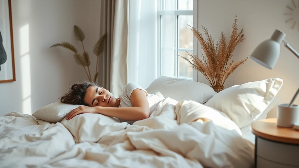 Person sleeping peacefully in comfortable bed with soft bedding, cool bedroom environment with minimalist decor and natural light