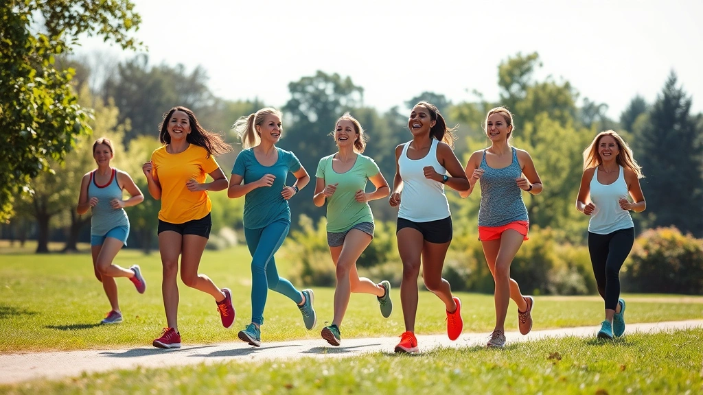 Group of people jogging together in a park on a sunny day, laughing and moving together, vibrant outdoor wellness scene