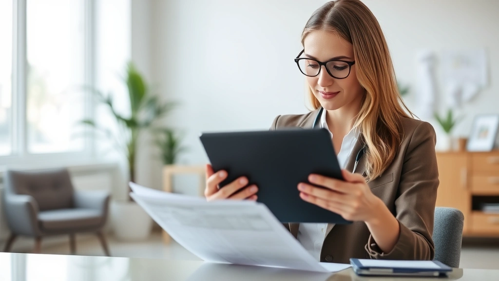 Professional woman reviewing financial documents on tablet, modern office setting with soft natural lighting, healthcare wellness concept