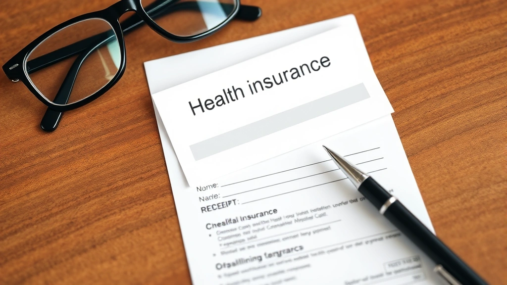 Close-up of health insurance card and medical receipt on wooden desk with glasses and pen, minimalist composition