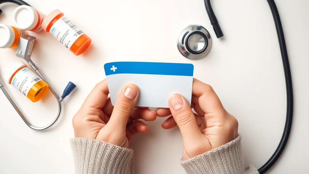 Close-up of hands holding a debit card and medical insurance card next to a stethoscope and prescription bottles on a clean white surface