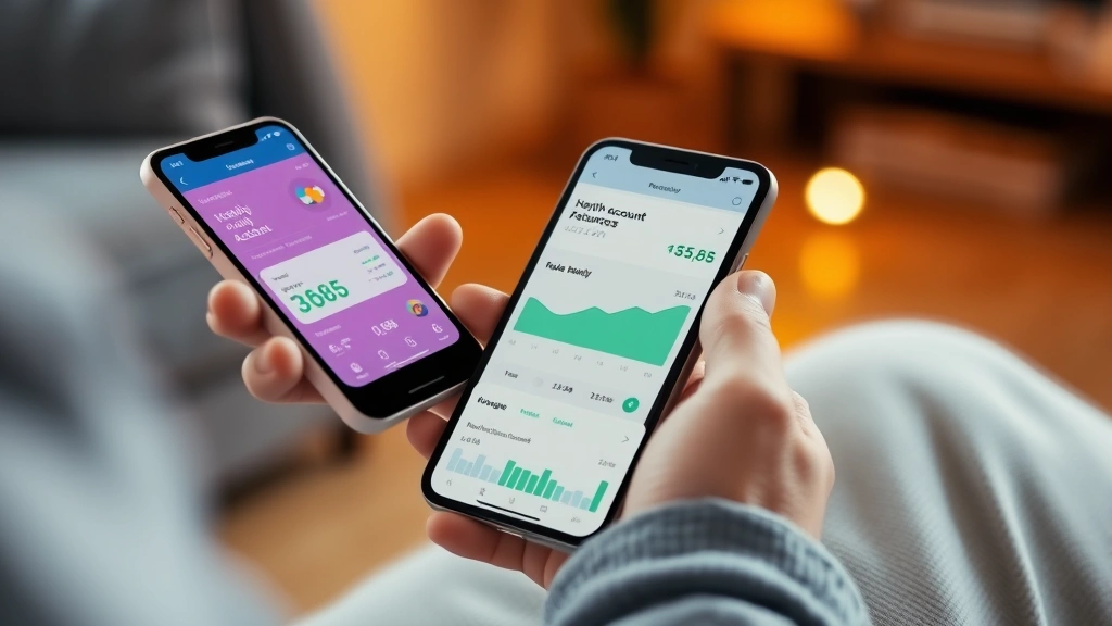 Person using a smartphone app showing financial dashboard with charts and health savings account balance displayed on the screen, warm indoor lighting