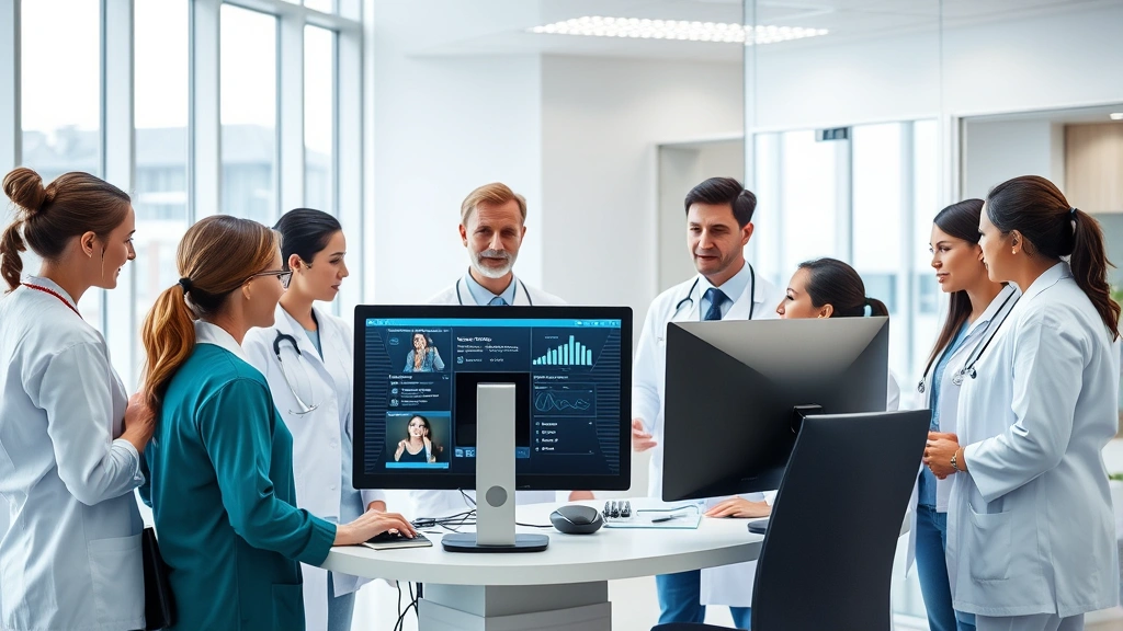 Modern medical clinic interior with diverse healthcare professionals collaborating around a computer terminal displaying patient information, bright professional setting with natural lighting