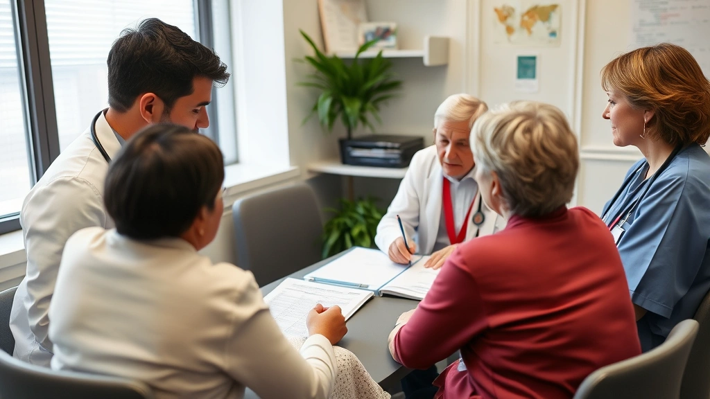 Patient receiving care coordination meeting with healthcare team including doctor, nurse, and care coordinator reviewing medical charts, collaborative clinical environment