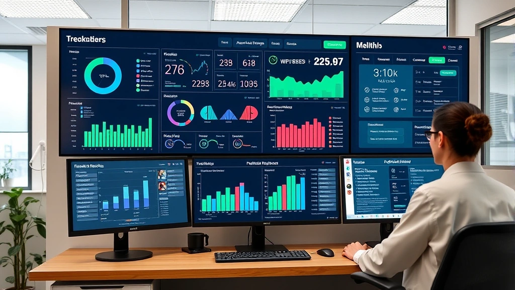 Healthcare technology dashboard displaying patient health metrics, appointment scheduling, and integrated medical records on multiple screens in a contemporary medical office